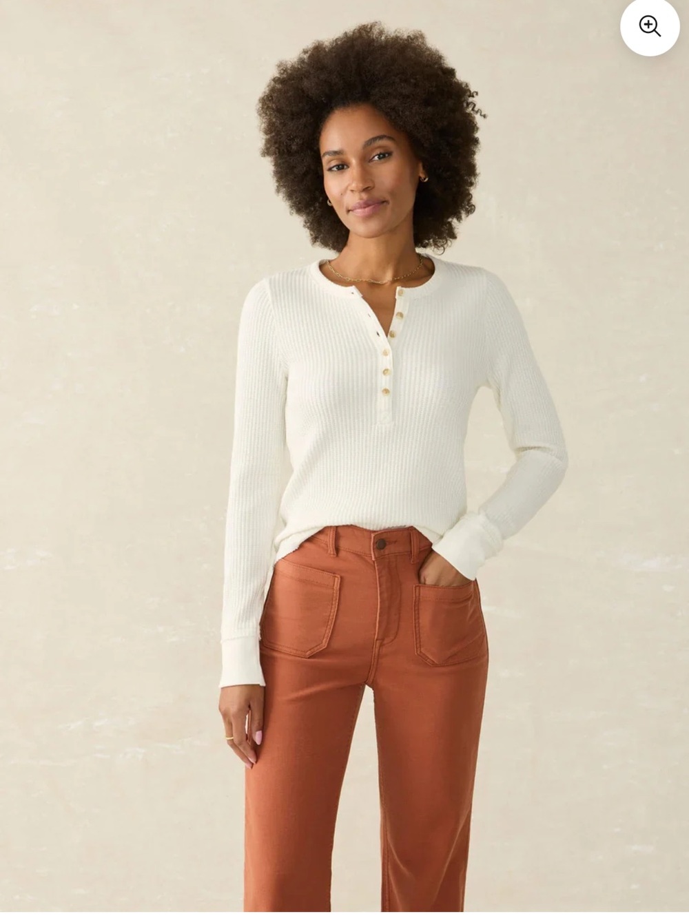Faherty Cream Ribbed Henley Long Sleeve Top